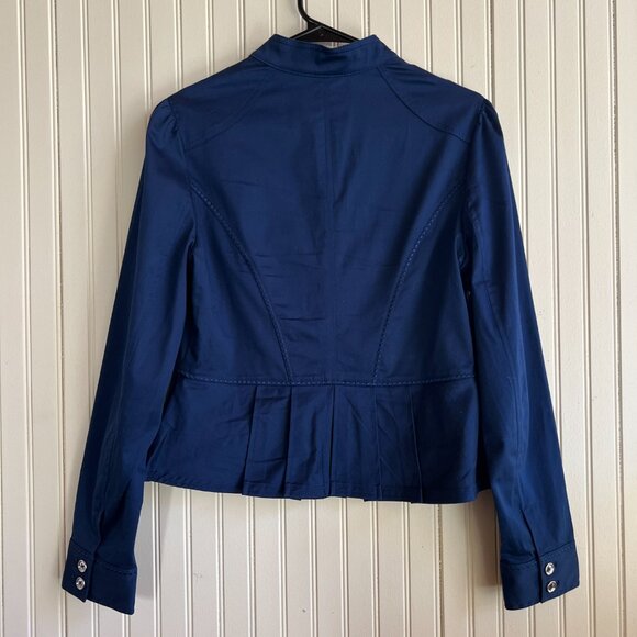 White House Black Market Feminine Ruffled Navy Military Jacket Romantic Sz 6 - Picture 3 of 16